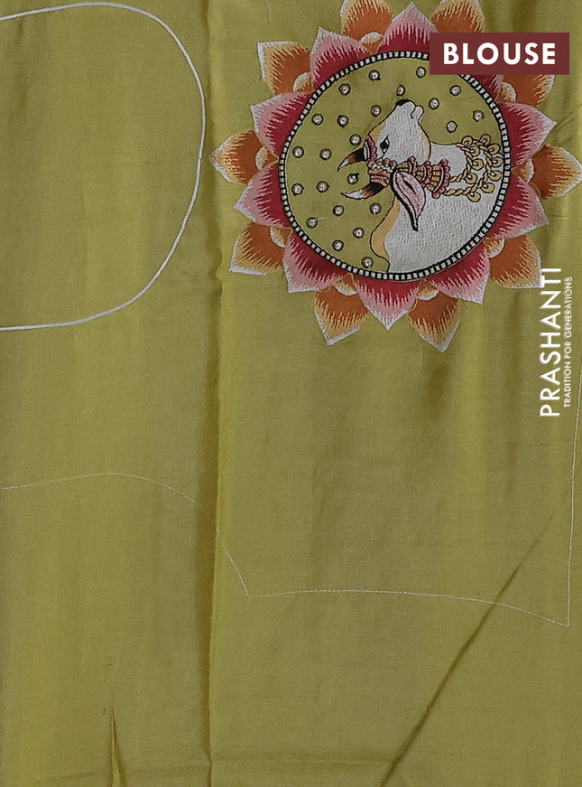 Pure tussar silk saree lime yellow with pichwai design embroidery work buttas and simple border
