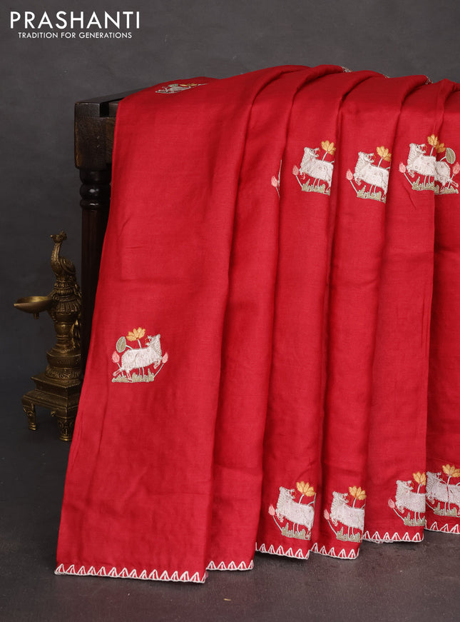 Pure tussar silk saree red with pichwai design embroidery work buttas and simple border