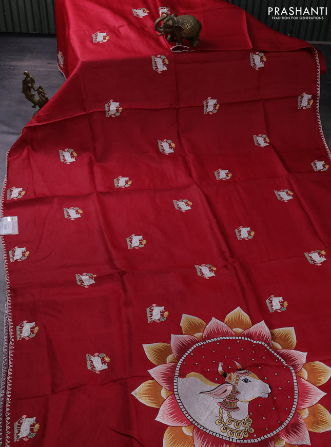 Pure tussar silk saree red with pichwai design embroidery work buttas and simple border