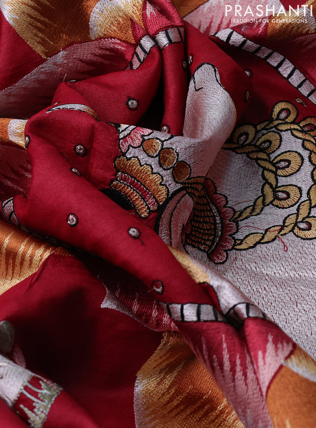 Pure tussar silk saree red with pichwai design embroidery work buttas and simple border