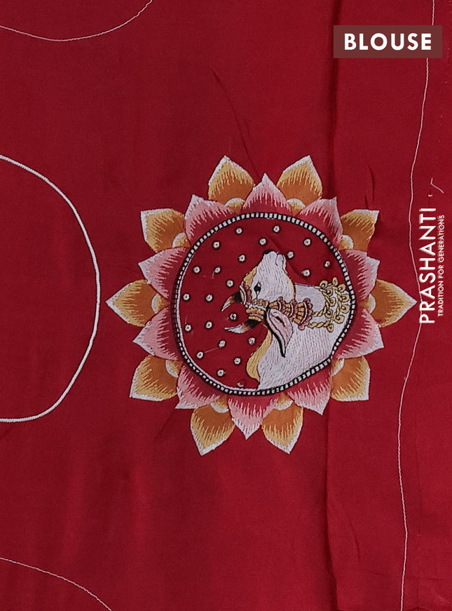 Pure tussar silk saree red with pichwai design embroidery work buttas and simple border