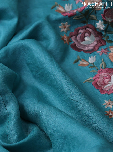 Pure tussar silk saree teal blue with plain body and floral design embroidery work border