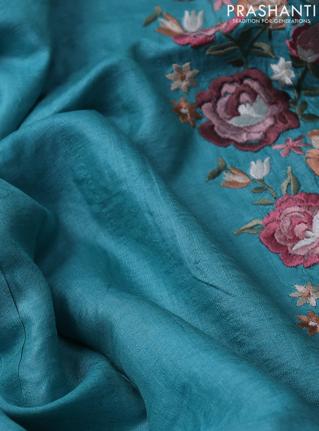 Pure tussar silk saree teal blue with plain body and floral design embroidery work border