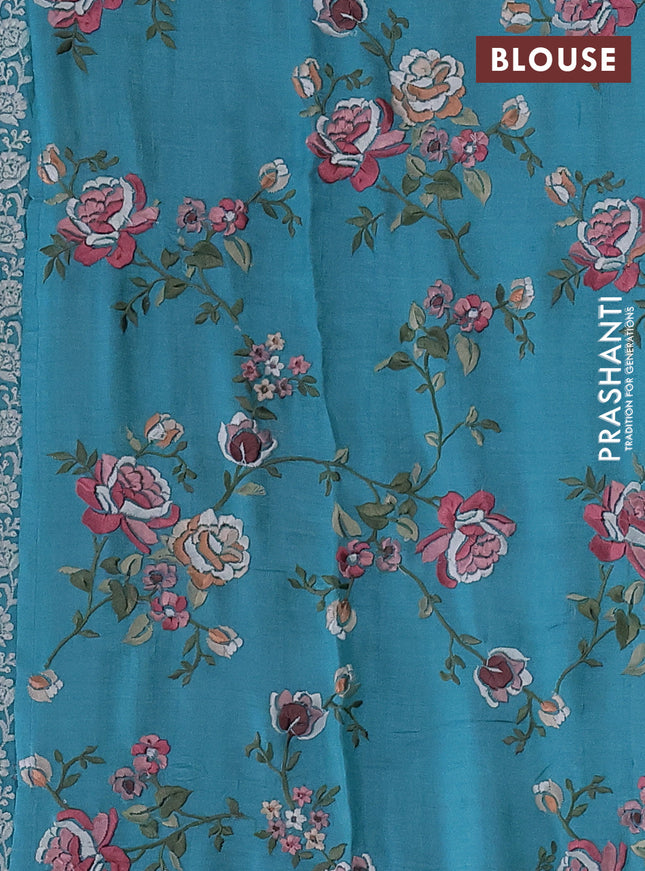Pure tussar silk saree teal blue with plain body and floral design embroidery work border
