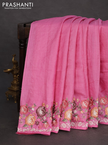 Pure tussar silk saree pink with plain body and floral design embroidery work border