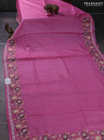 Pure tussar silk saree pink with plain body and floral design embroidery work border