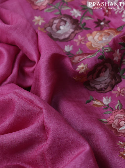 Pure tussar silk saree pink with plain body and floral design embroidery work border