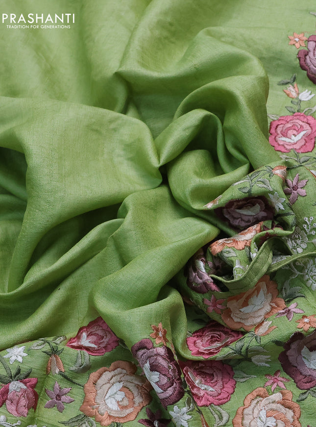 Pure tussar silk saree light green with plain body and floral design embroidery work border