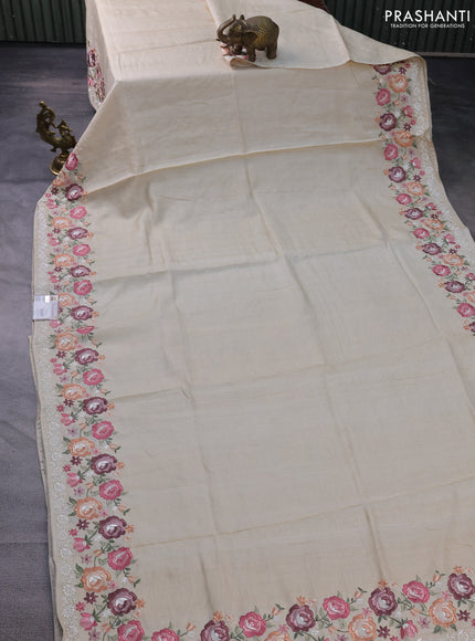 Pure tussar silk saree beige with plain body and floral design embroidery work border