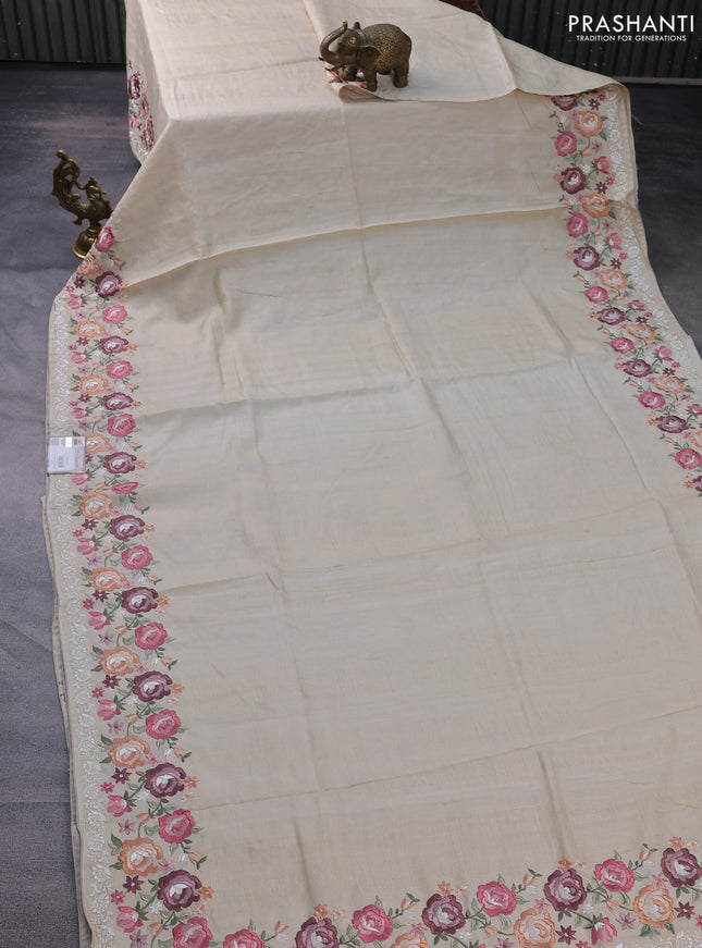 Pure tussar silk saree beige with plain body and floral design embroidery work border