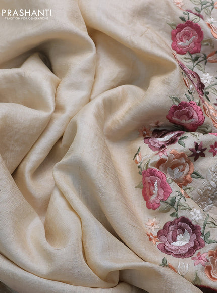 Pure tussar silk saree beige with plain body and floral design embroidery work border