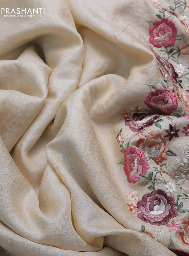 Pure tussar silk saree beige with plain body and floral design embroidery work border