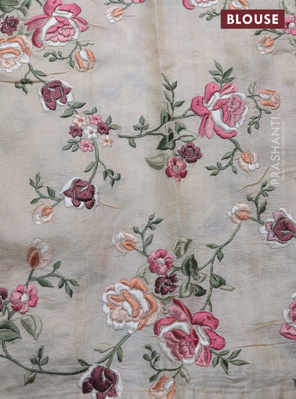 Pure tussar silk saree beige with plain body and floral design embroidery work border