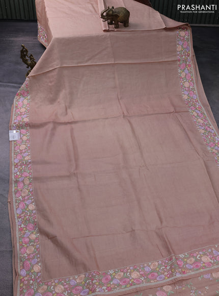 Pure tussar silk saree dark sandal with plain body and floral design embroidery work border