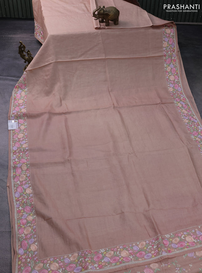 Pure tussar silk saree dark sandal with plain body and floral design embroidery work border