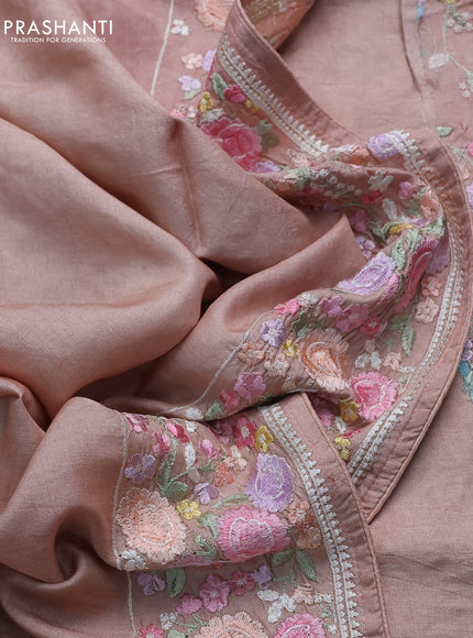 Pure tussar silk saree dark sandal with plain body and floral design embroidery work border