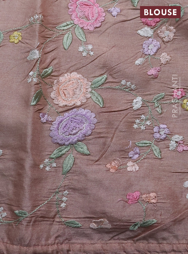 Pure tussar silk saree dark sandal with plain body and floral design embroidery work border