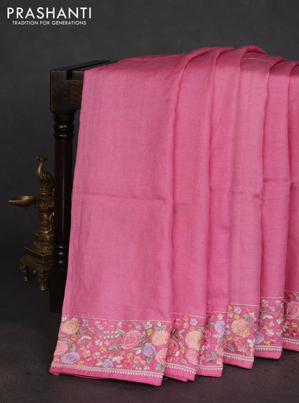 Pure tussar silk saree pink with plain body and floral design embroidery work border