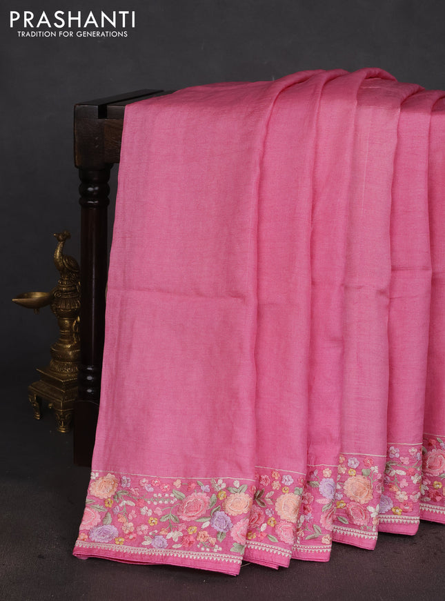 Pure tussar silk saree pink with plain body and floral design embroidery work border