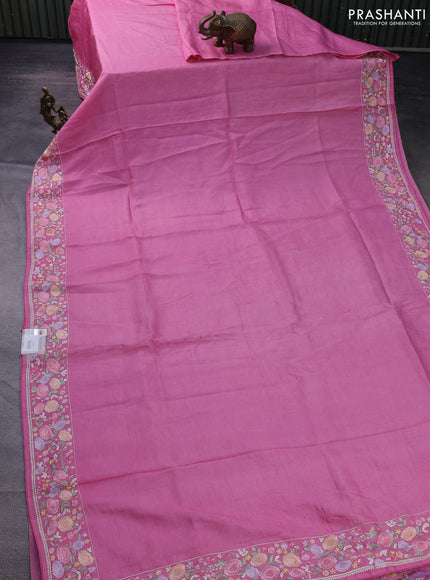 Pure tussar silk saree pink with plain body and floral design embroidery work border