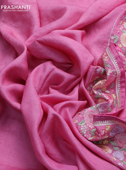 Pure tussar silk saree pink with plain body and floral design embroidery work border