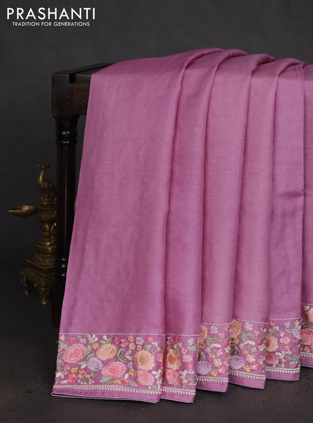 Pure tussar silk saree lavender with plain body and floral design embroidery work border