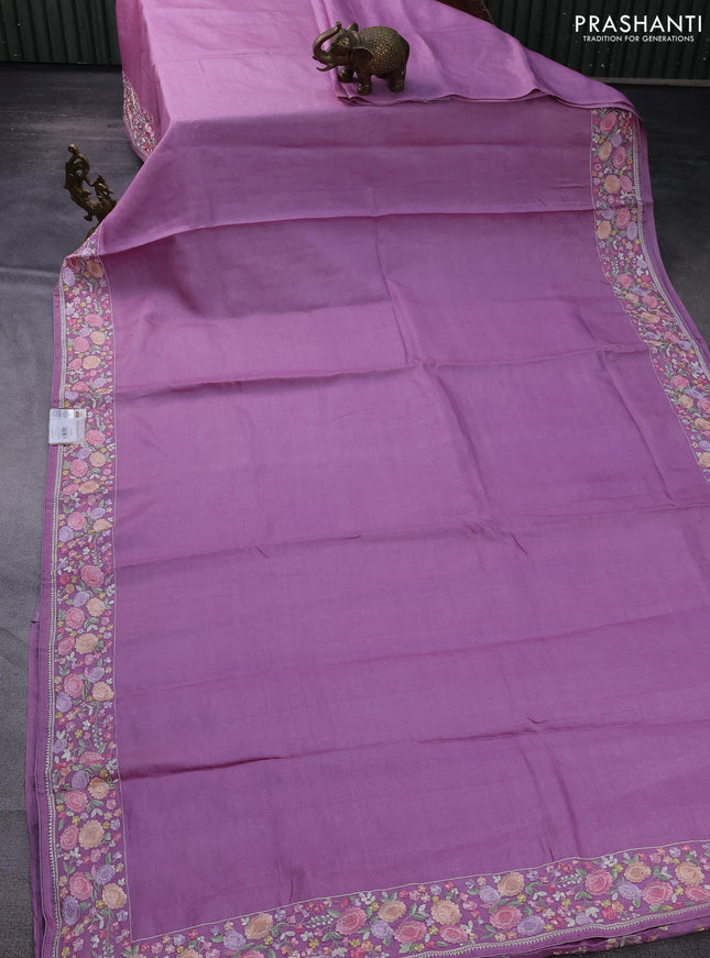 Pure tussar silk saree lavender with plain body and floral design embroidery work border