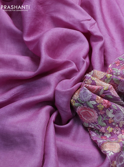 Pure tussar silk saree lavender with plain body and floral design embroidery work border
