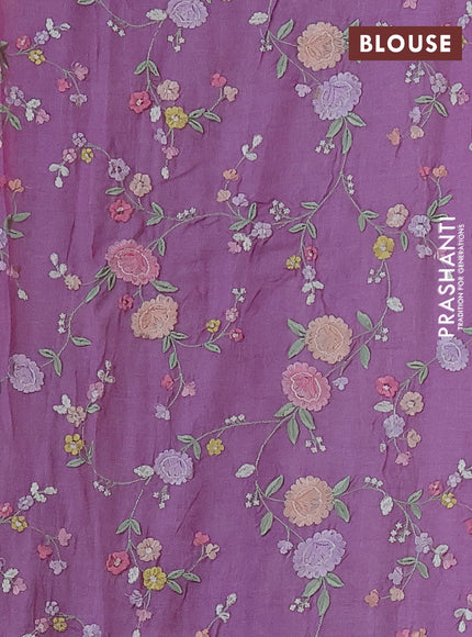 Pure tussar silk saree lavender with plain body and floral design embroidery work border