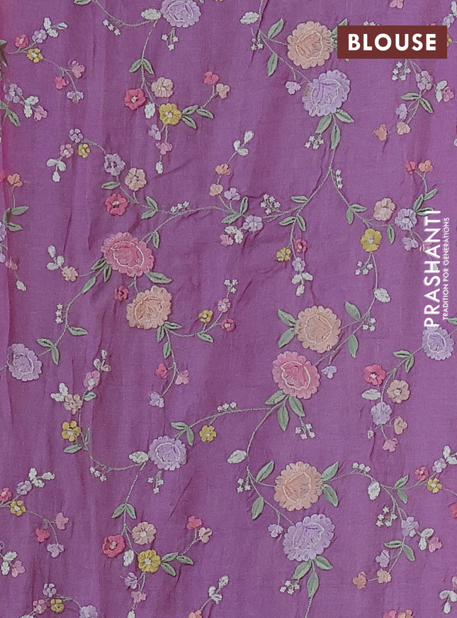 Pure tussar silk saree lavender with plain body and floral design embroidery work border