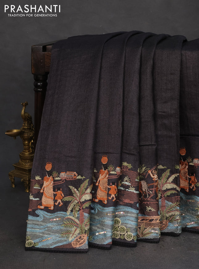 Pure tussar silk saree black with plain body and embroidery work border
