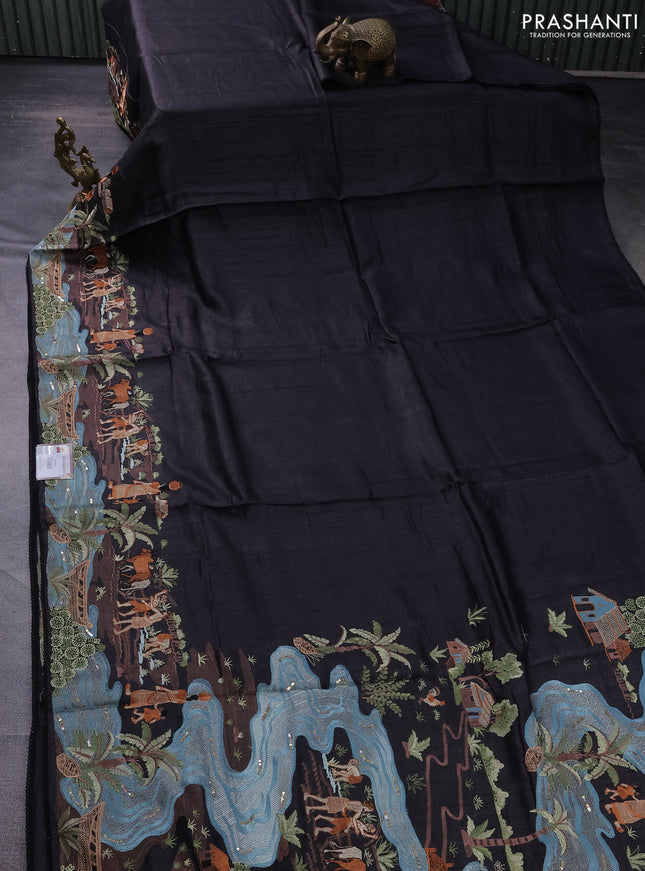 Pure tussar silk saree black with plain body and embroidery work border