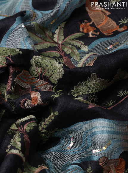 Pure tussar silk saree black with plain body and embroidery work border