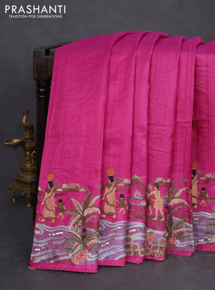 Pure tussar silk saree dark pink with plain body and embroidery work border