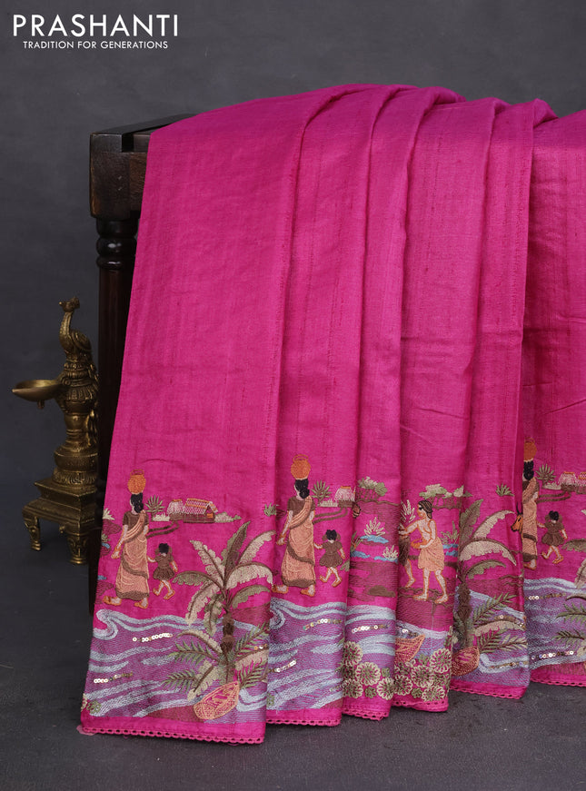 Pure tussar silk saree dark pink with plain body and embroidery work border