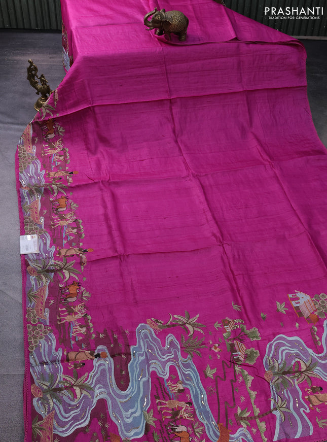 Pure tussar silk saree dark pink with plain body and embroidery work border