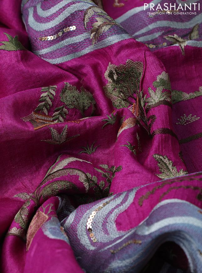 Pure tussar silk saree dark pink with plain body and embroidery work border