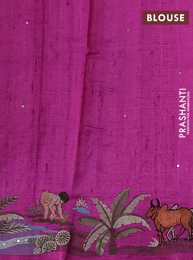 Pure tussar silk saree dark pink with plain body and embroidery work border