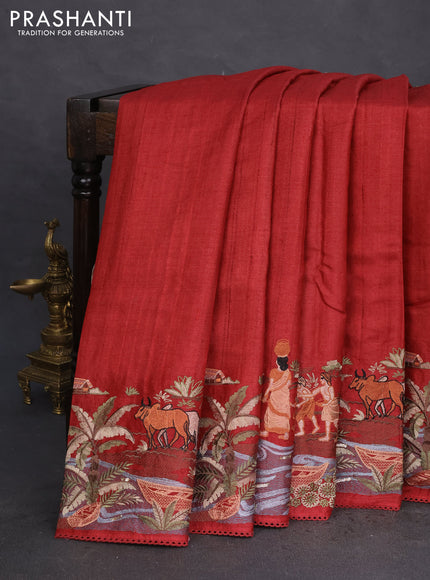Pure tussar silk saree maroon with plain body and embroidery work border