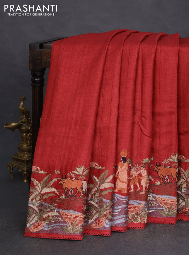 Pure tussar silk saree maroon with plain body and embroidery work border