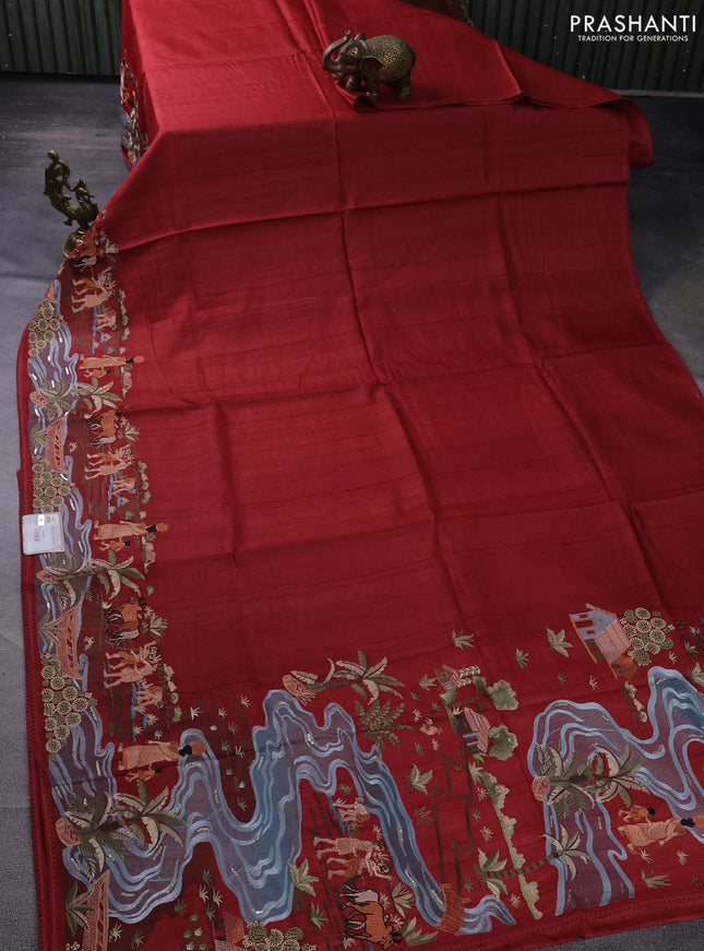 Pure tussar silk saree maroon with plain body and embroidery work border