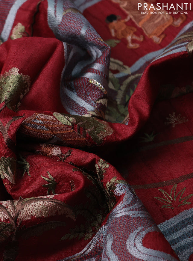 Pure tussar silk saree maroon with plain body and embroidery work border