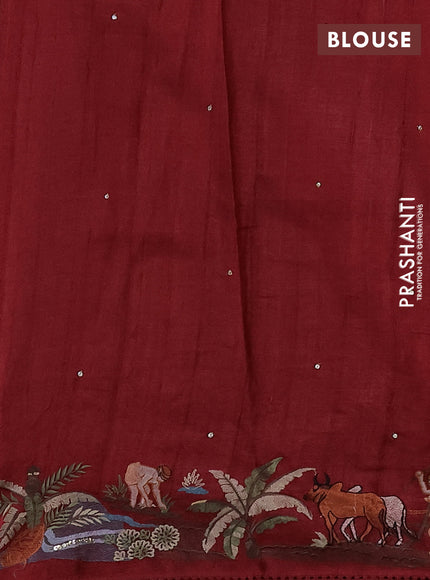 Pure tussar silk saree maroon with plain body and embroidery work border