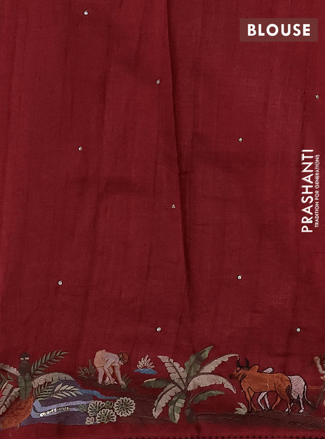 Pure tussar silk saree maroon with plain body and embroidery work border