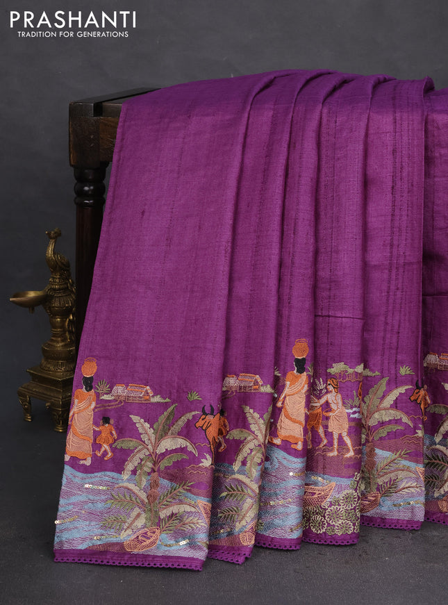 Pure tussar silk saree violet with plain body and embroidery work border
