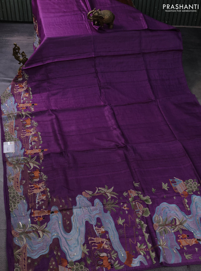 Pure tussar silk saree violet with plain body and embroidery work border