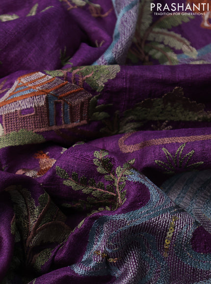 Pure tussar silk saree violet with plain body and embroidery work border