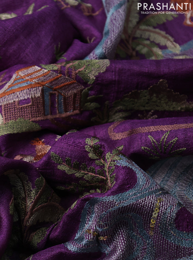 Pure tussar silk saree violet with plain body and embroidery work border