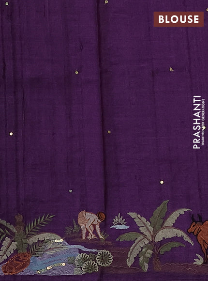 Pure tussar silk saree violet with plain body and embroidery work border