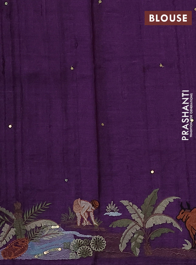 Pure tussar silk saree violet with plain body and embroidery work border